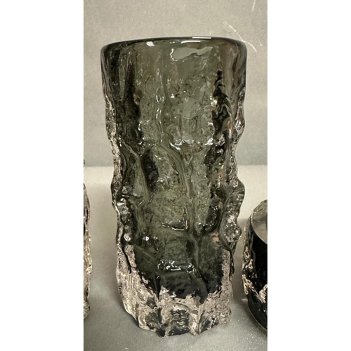 287 - Three pieces of White Friars glass in the pewter bark pattern by Geoffrey Baxter, two vases and an a... 