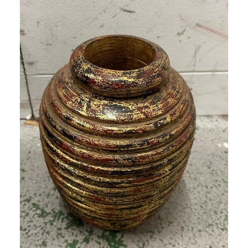 314 - Three gold and black ribbed graduated vases