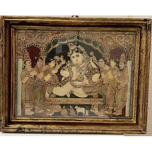 342 - An Indian painted and relief panel depicting Krishna surrounded by attendants under an ornate canopy