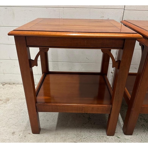 36 - A pair of veneered side tables with shelf under and string inlay to tops (H56cm W49cm D41cm)