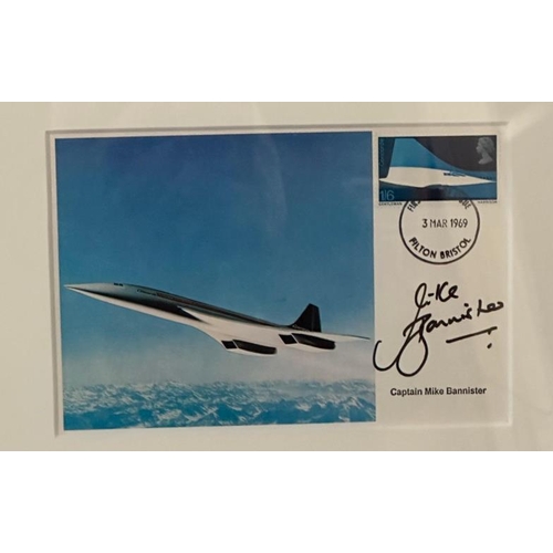 366 - A framed selection of three Concorde First Day covers signed by Captain Mike Bannister, Brian Trubsh... 