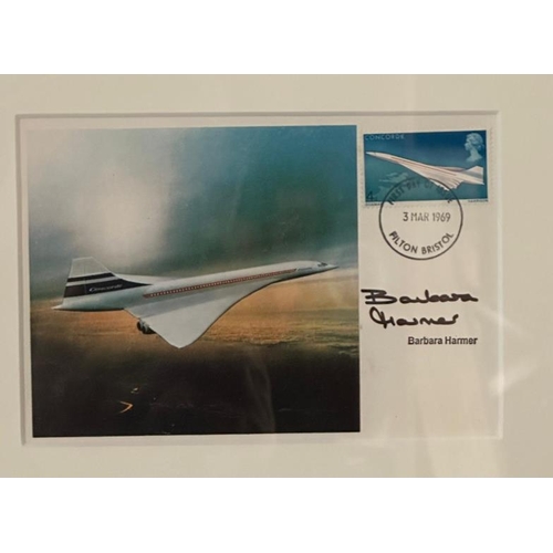 366 - A framed selection of three Concorde First Day covers signed by Captain Mike Bannister, Brian Trubsh... 