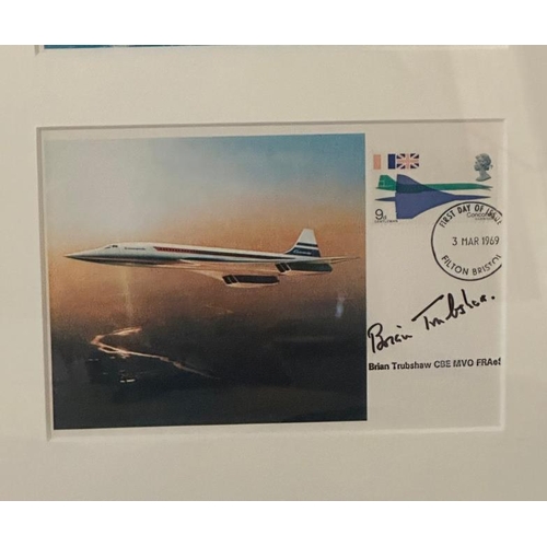 366 - A framed selection of three Concorde First Day covers signed by Captain Mike Bannister, Brian Trubsh... 