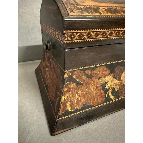 377 - A 19th Century Tunbridge ware box, the lid depicting a rural castle scene banded by a floral frieze