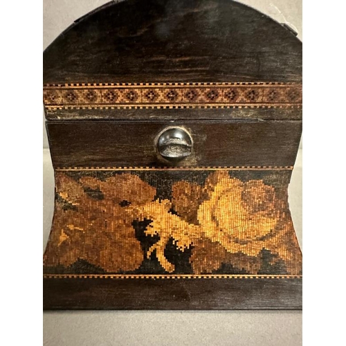 377 - A 19th Century Tunbridge ware box, the lid depicting a rural castle scene banded by a floral frieze