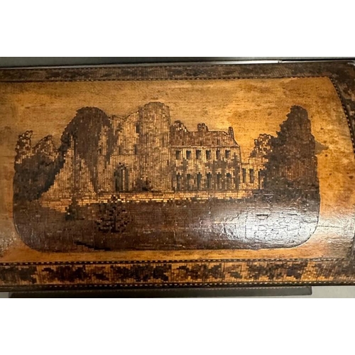 377 - A 19th Century Tunbridge ware box, the lid depicting a rural castle scene banded by a floral frieze