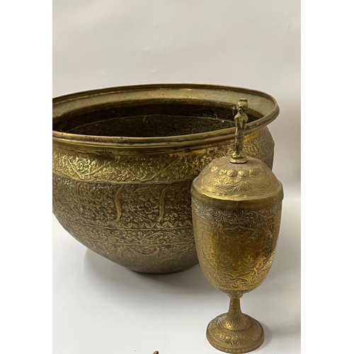 419 - A Middle Eastern brass bowl along with a brass goblet with lid