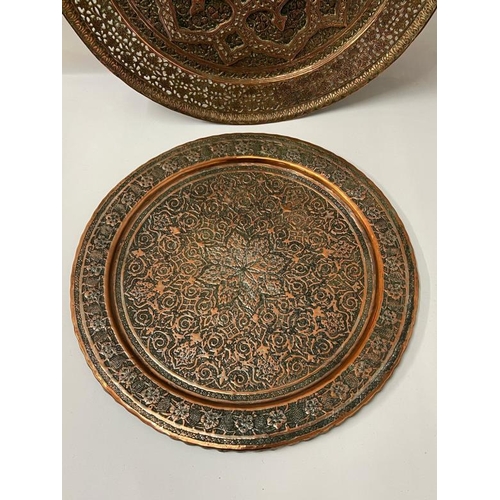 422 - Two Kashmiri copper trays (largest Dia45cm)