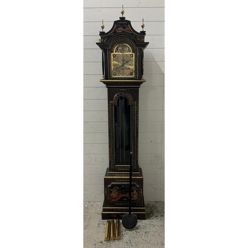 428 - A Portuguese black lacquered long case clock in the Japanned style featuring red and gilt rural Japa... 