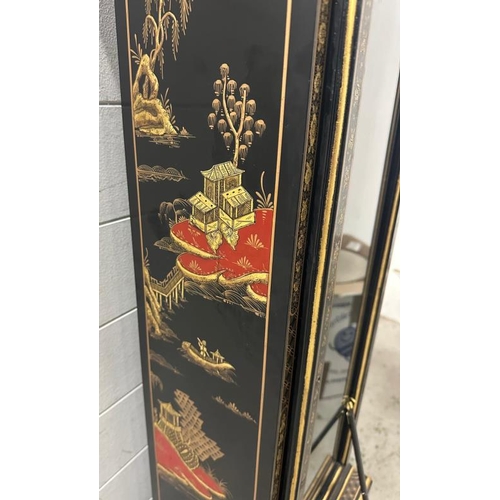 428 - A Portuguese black lacquered long case clock in the Japanned style featuring red and gilt rural Japa... 