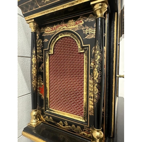 428 - A Portuguese black lacquered long case clock in the Japanned style featuring red and gilt rural Japa... 