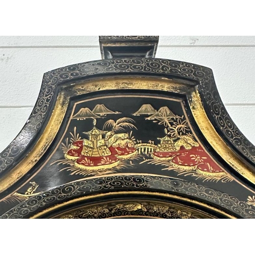 428 - A Portuguese black lacquered long case clock in the Japanned style featuring red and gilt rural Japa... 