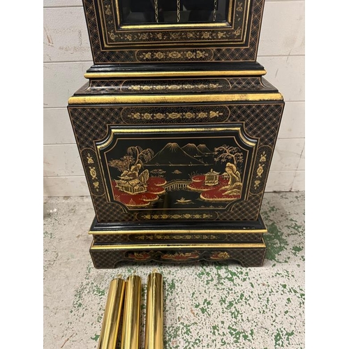 428 - A Portuguese black lacquered long case clock in the Japanned style featuring red and gilt rural Japa... 