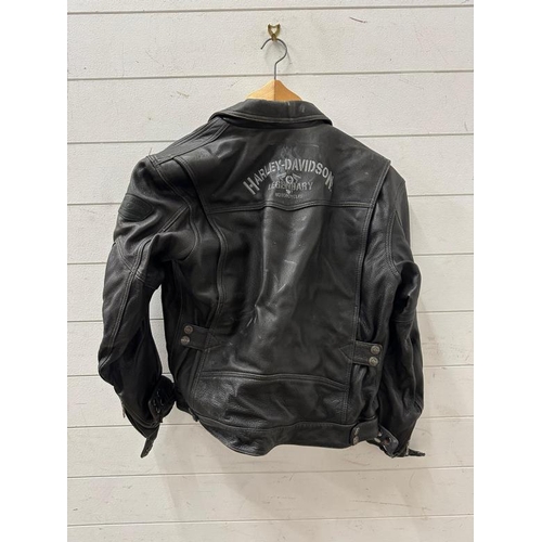 437 - A Harley Davidson leather bikers jacket and chaps both in medium