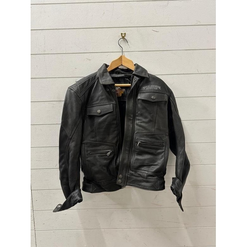 437 - A Harley Davidson leather bikers jacket and chaps both in medium