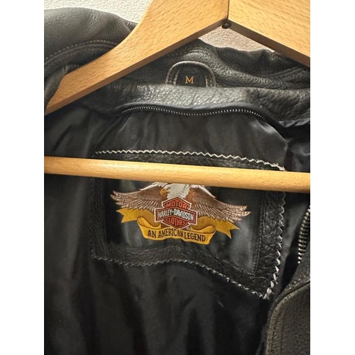 437 - A Harley Davidson leather bikers jacket and chaps both in medium