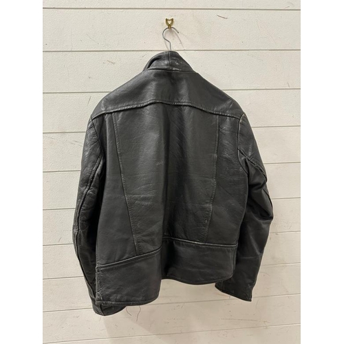 438 - A vintage Shell leather bikers jacket with Harley Davidson owners club badges, size 46