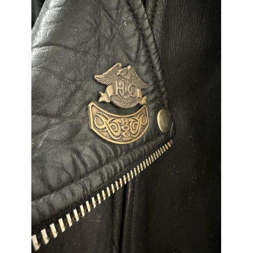 438 - A vintage Shell leather bikers jacket with Harley Davidson owners club badges, size 46