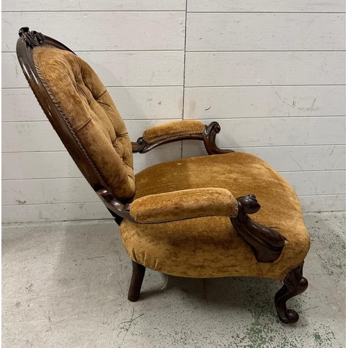 58 - A Victorian walnut button back ladies chair n a brown velvet upholstery