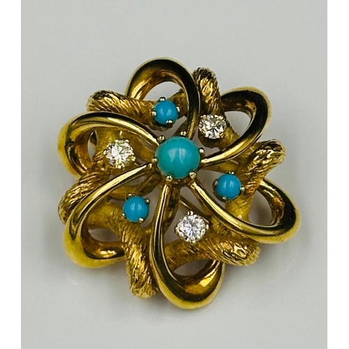 597 - A diamond and turquoise gold brooch with an approximate weight of 11g.