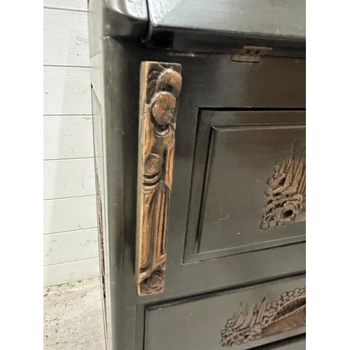 6 - A Mid Century hardwood bureau, heavily carved with far Eastern scenes (H106cm W92cm D43cm)