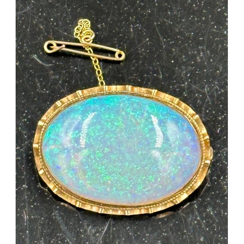 664 - A opal style brooch with safety chain on a 9ct gold mount and approximately 37mm in width.