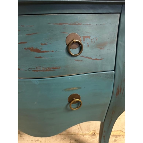 70 - A blue painted bombe fronted chest with two drawers (H73cm W80cm D38cm)