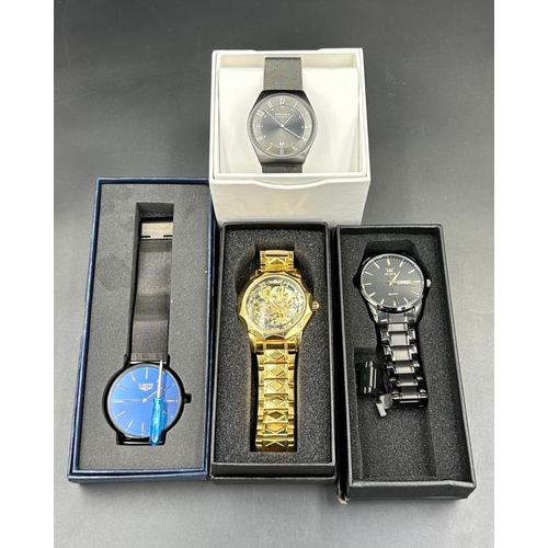 743 - A selection of four boxed watches by: OLEVS, Skagen, Lige, T Winner.