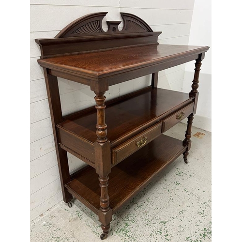 8 - A mahogany serving trolley, three tier buffet with two drawers (H137cm W125cm D51cm)