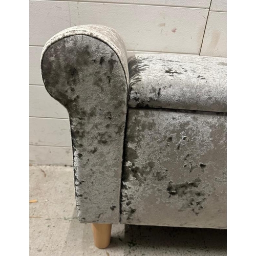 80 - A silver crushed velvet window seat with hinged seat opening to storage (H52cm W120cm D37cm)