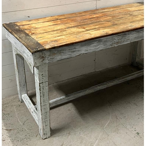 219 - A farmhouse painted five plank table (H77cm W166cm D73cm)