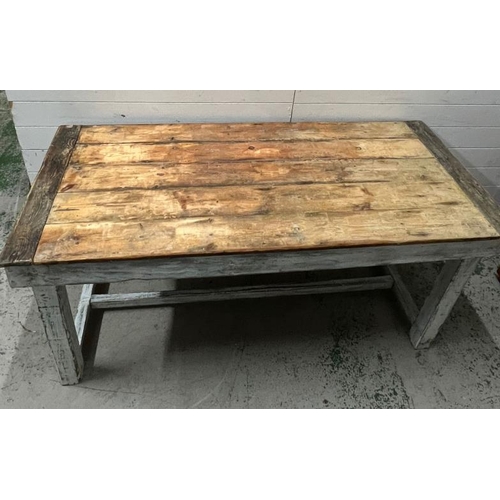 219 - A farmhouse painted five plank table (H77cm W166cm D73cm)