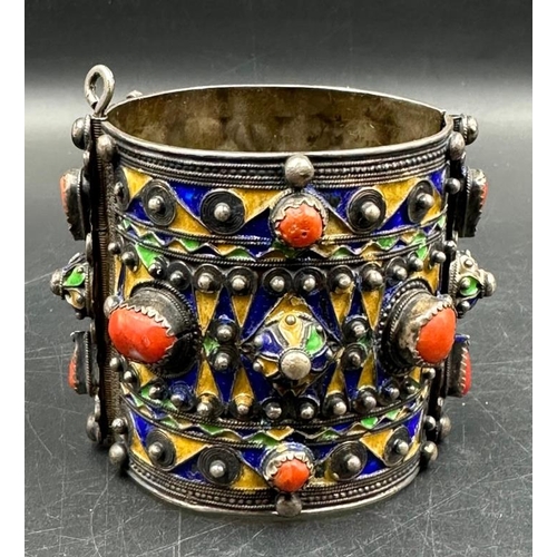 72 - Two antique Kabyle silver bracelet Algeria Beni Yenni tribe. Hinged enamel cuff bracelets from Great... 