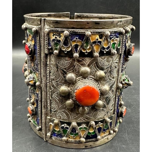 72 - Two antique Kabyle silver bracelet Algeria Beni Yenni tribe. Hinged enamel cuff bracelets from Great... 