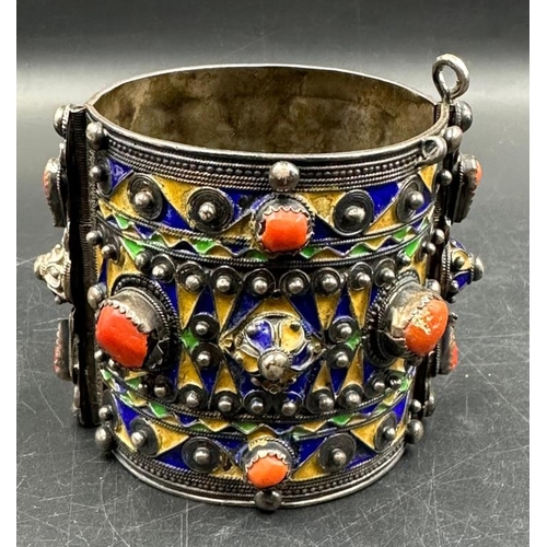 72 - Two antique Kabyle silver bracelet Algeria Beni Yenni tribe. Hinged enamel cuff bracelets from Great... 