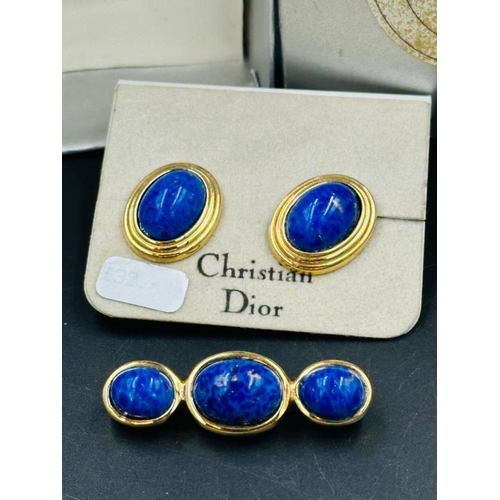 78 - Vintage Christian Dior earrings and brooch set in a lapis lazuli style and in original box.