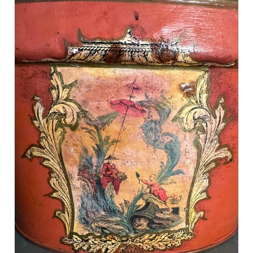 214A - A Chinoises metal bucket, red grounds and with a pastoral fare Eastern scene