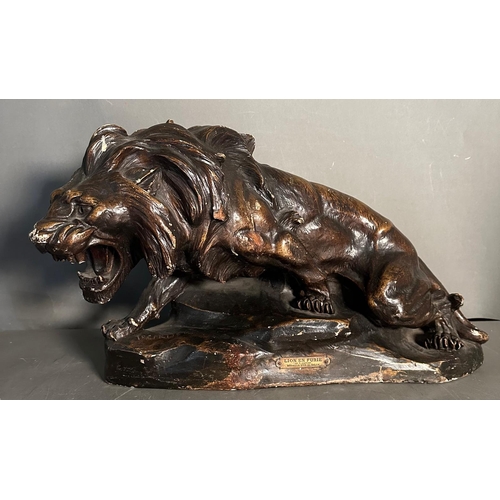 157A - After Thomas Cartier a bronzed plaster model of a roaring lion, titled Lion En Furie signed lower le... 