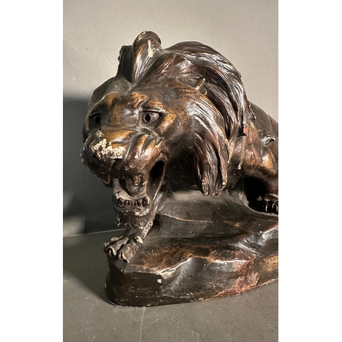 157A - After Thomas Cartier a bronzed plaster model of a roaring lion, titled Lion En Furie signed lower le... 