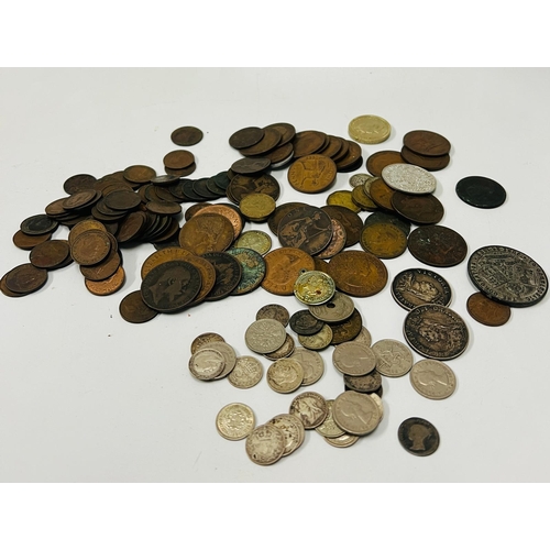 132B - A selection of Uk coinage, some silver content, six pence and three pennies along with Victorian and... 