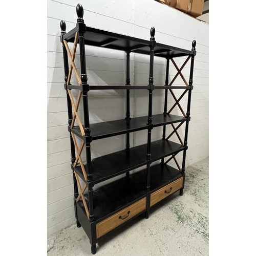 106 - Ebonised bookshelf with cross stretcher sides and drawers to base (H194cm W140cm D42cm)