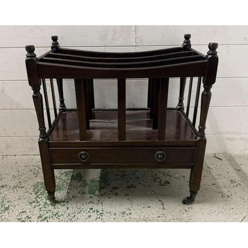 13 - A mahogany canterbury magazine stand on castors and with single drawer under