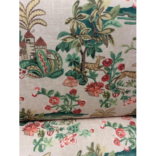 142 - Three seater slope armed sofa with country scene fabric (W177cm D80cm)