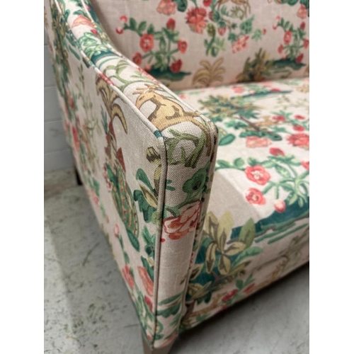 142 - Three seater slope armed sofa with country scene fabric (W177cm D80cm)