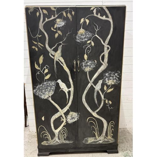 149 - An upcycled Mid Century gentleman wardrobe, painted with a bird and tree frieze (H177cm W106cm D50cm... 