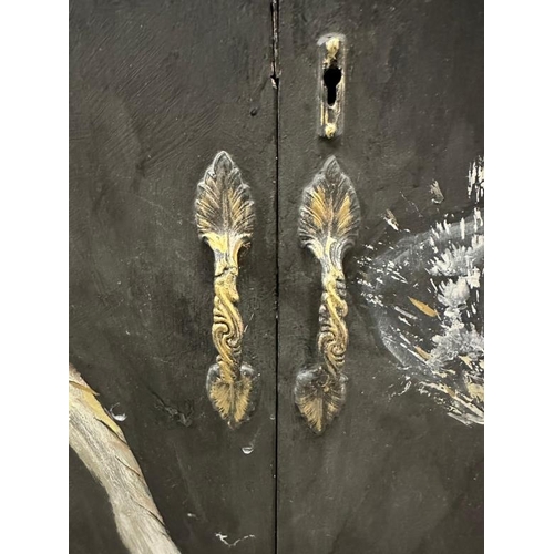 149 - An upcycled Mid Century gentleman wardrobe, painted with a bird and tree frieze (H177cm W106cm D50cm... 