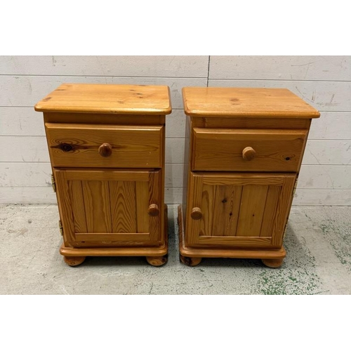 156 - A pair of pine bedside tables, single drawer with cupboard under (H60cm W43cm D34cm)