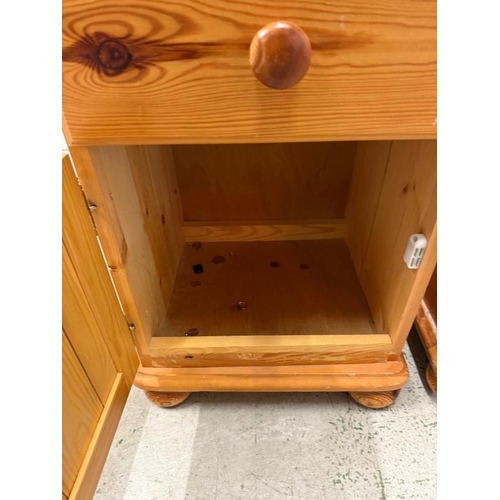 156 - A pair of pine bedside tables, single drawer with cupboard under (H60cm W43cm D34cm)