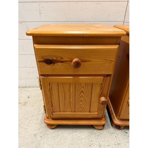 156 - A pair of pine bedside tables, single drawer with cupboard under (H60cm W43cm D34cm)