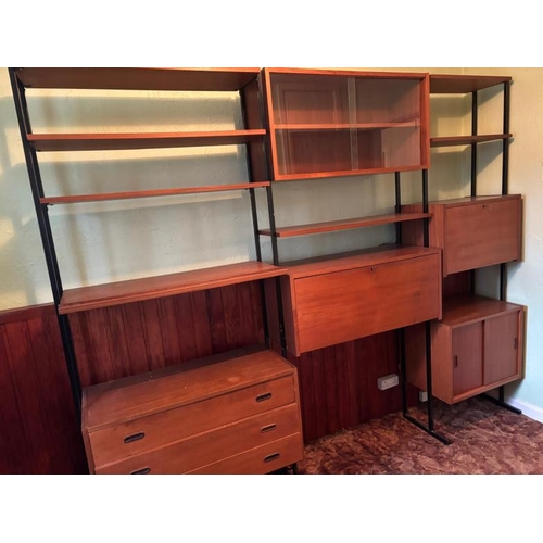 174 - A Mid Century ladderax style three piece wall unit with drawers, cupboard and a glazed unit. Height ... 